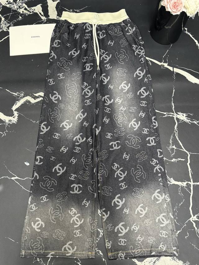 Casual Pants Xiaoxiangjia 25 Spring And Summer New Full Print Logo Washed Denim