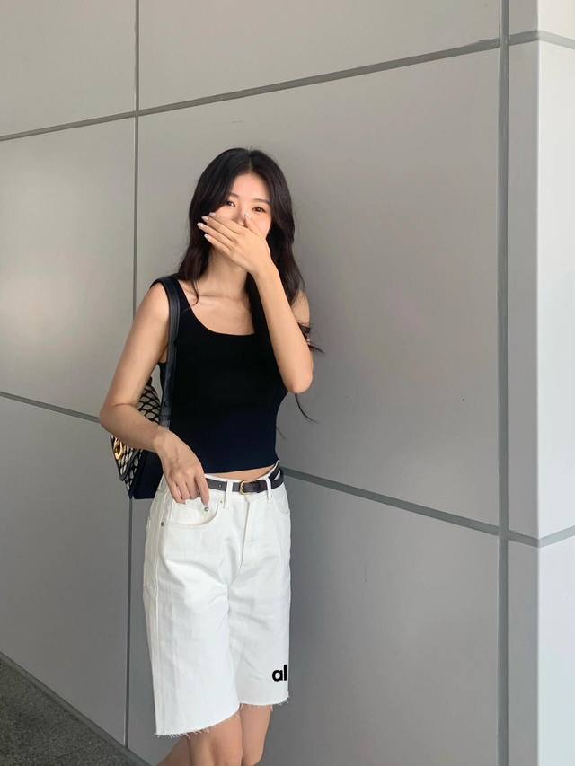 Denim Shorts Alo 25 Spring And Summer New Style Micro-Elastic Logo Embroidered D