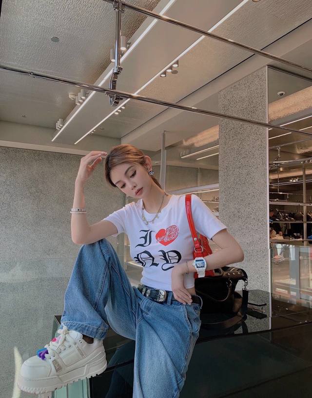 chrome Heart* Hot Girl Short T-Shirt Heart Printed Letter Logo Top White Top