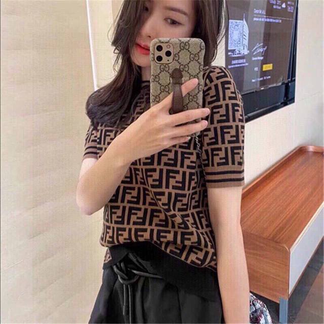 fend* Classic Old Flower Knitted Short Sleeves Black And Brown Color Makes Yo
