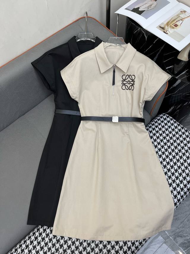 lowe* 25Ss New Style Lapel Dress Logo Leather Embroidery Decoration With Belt