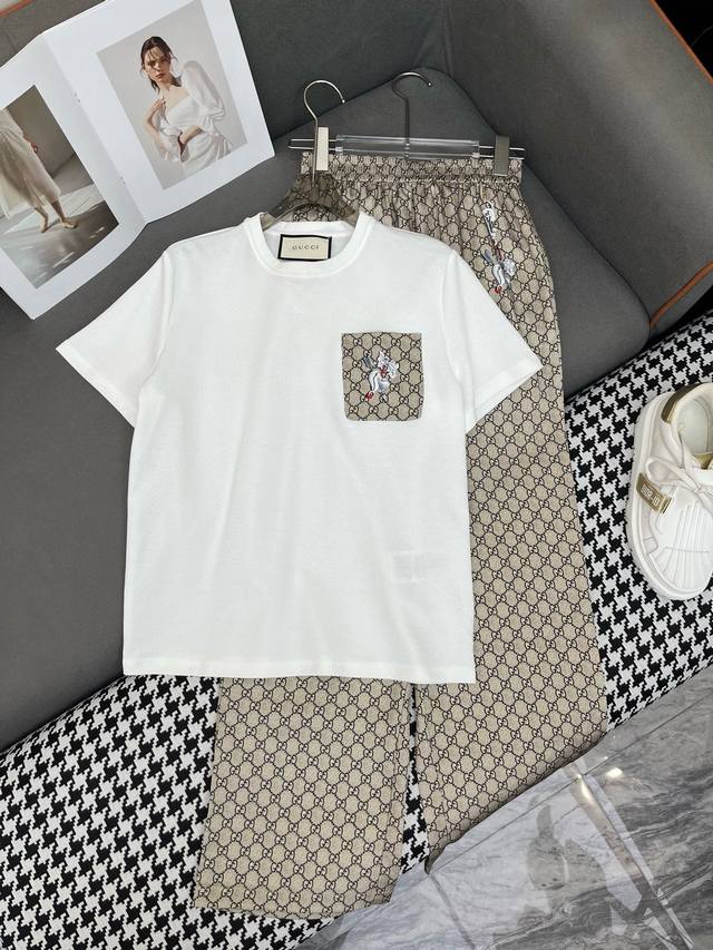 96866# Gucc* 25Ss New T-Shirt Wide-Leg Pants Suit Old Flower Print Fabric Dec