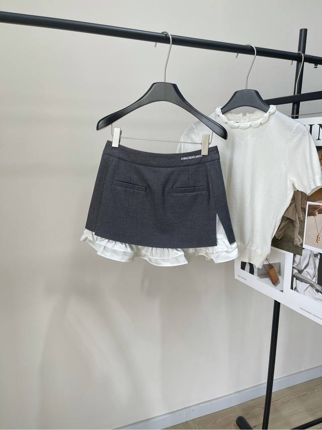 ann Grey And White Double-Layer Ruffled Suit Skirt Fabric: Wool + Polyester F