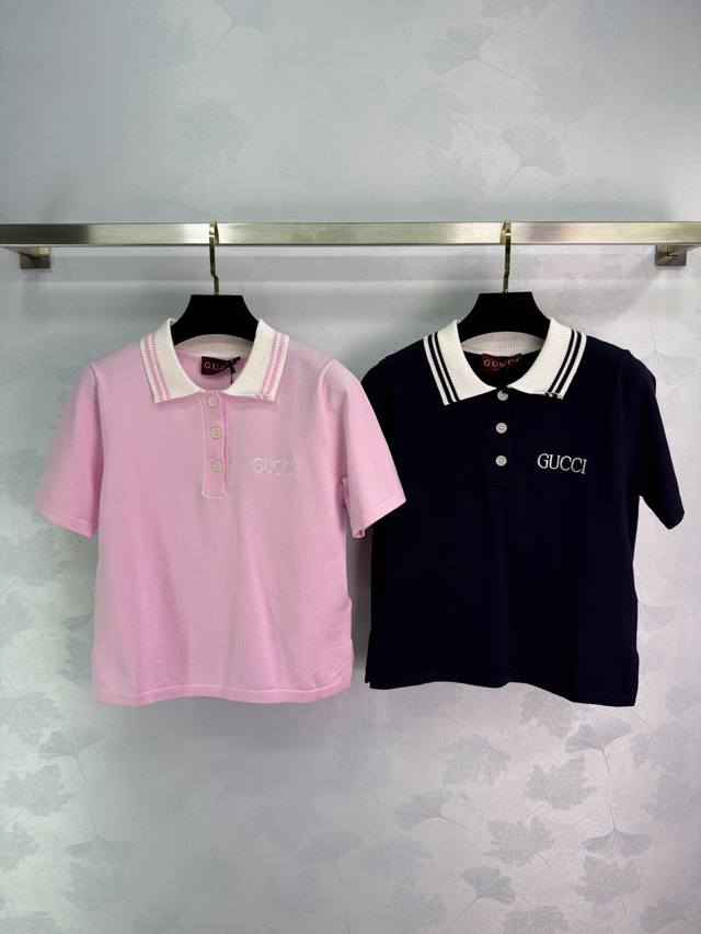 gucc*25 Spring And Summer New Style Knitted Lapel Short Sleeve Lapel Three-Ro