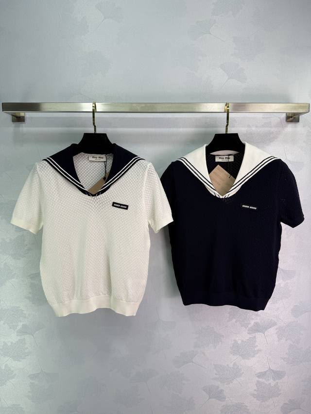 miu Mi*Navy Collar Short-Sleeved Knitted Top 2 Colors Available White And Dar