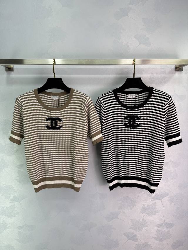 chan* Chanel's Latest 2025 Spring And Summer Series, Striped Knitted Short Sl