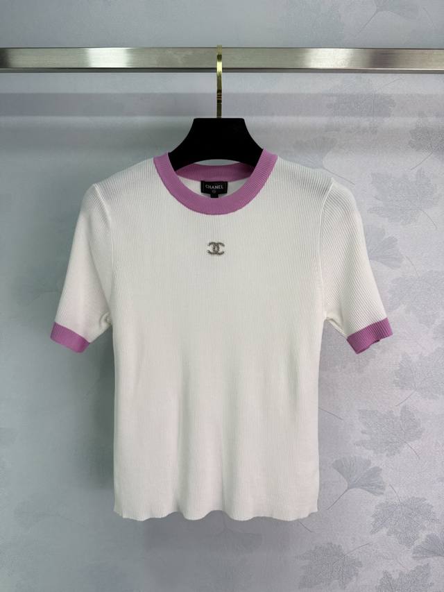 chane*White Pink Edge Round Neck Short Sleeves Classic Double C Logo Design S