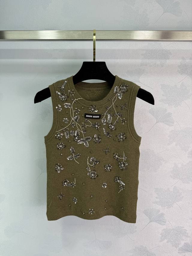miumi*2025 New Arrivals Heavy Beaded Rhinestone Knitted Vest Customized Yb Hi