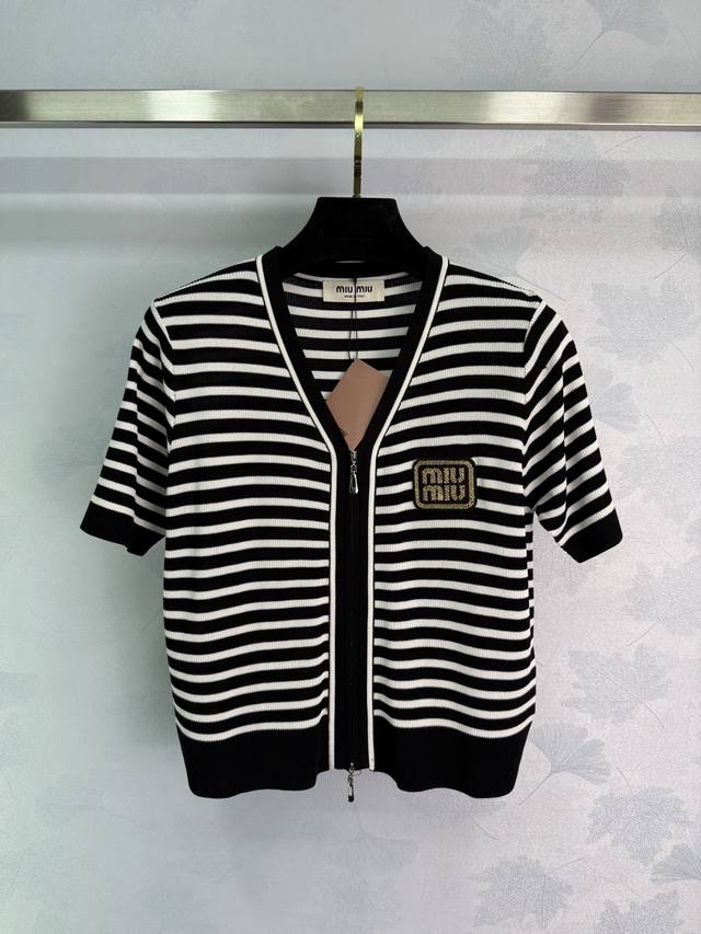 miumi*2025 Spring And Summer Latest Series Striped V-Neck Knitted Short-Sleev