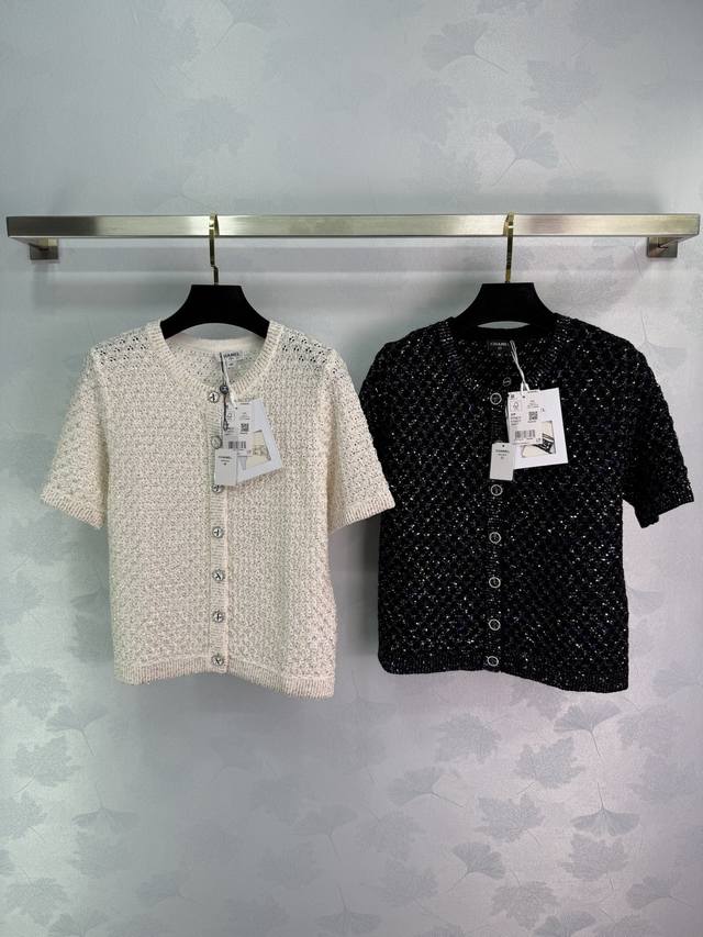 chane*2025 New Arrivals Sequined Silver Thread Knitted Short-Sleeved Cardigan