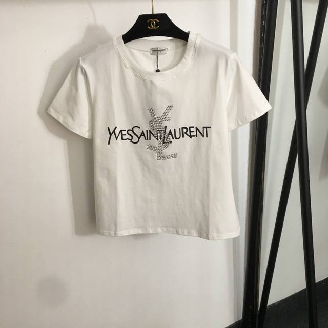 Style No. 20253290 Ysl* New Rhinestone Logo Printed Short Sleeve T-Shirt White S