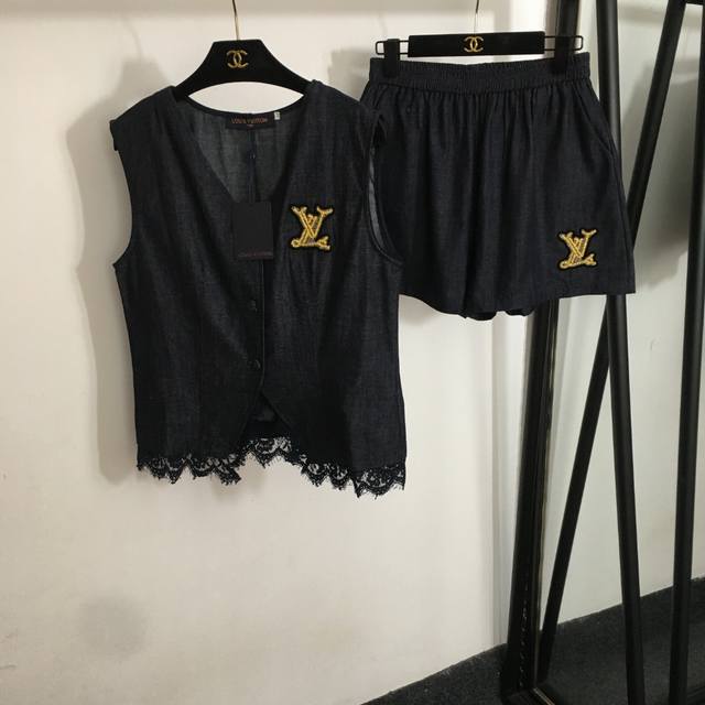 Style No. 20253285 Lv* New Denim Suit Gold Logo Embroidery V-Neck Denim Vest Jac