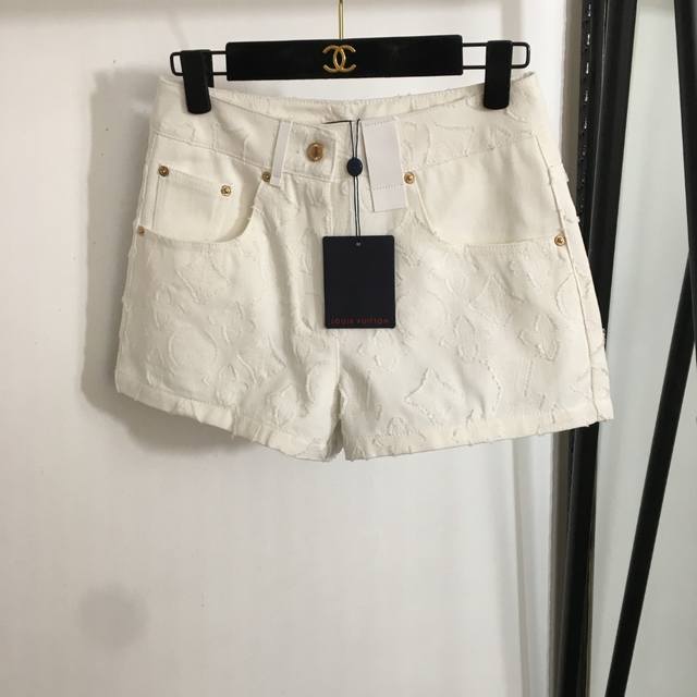 Style No. 20253279 Lv* New Old Flower Logo Raw Edge Jacquard Denim Shorts White