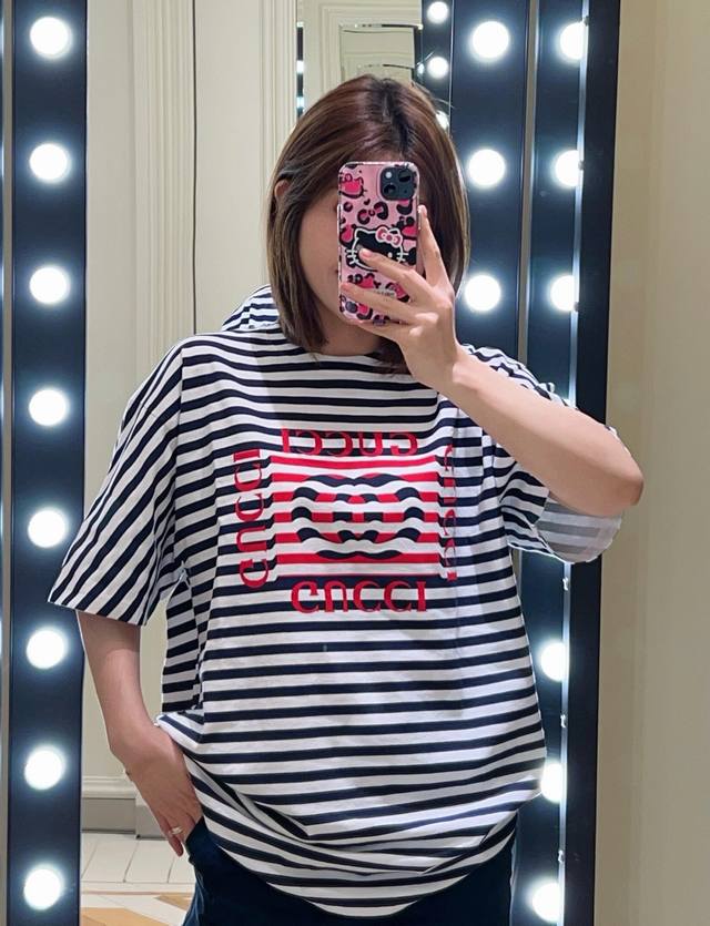gucc* 25Ss Spring And Summer New Striped Letter Print Round Neck Short-Sleeve