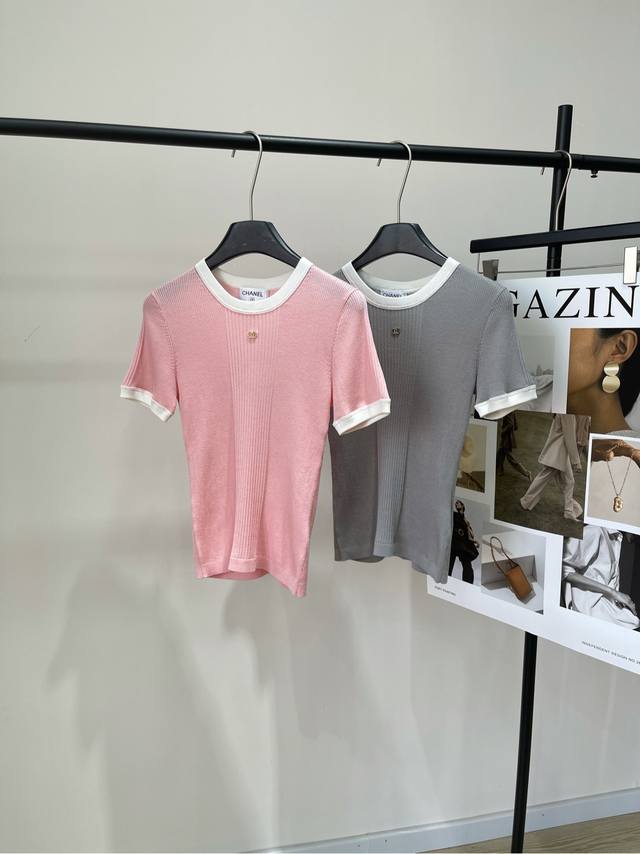 Double C Pink Gray Contrasting Edge Knitted Short Sleeves Fabric Tencel Cotton C