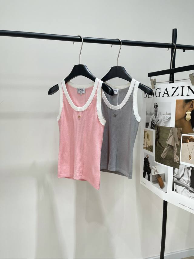 Double C Pink And Gray Contrasting Edge Knitted Vest Fabric: Tencel Cotton Color