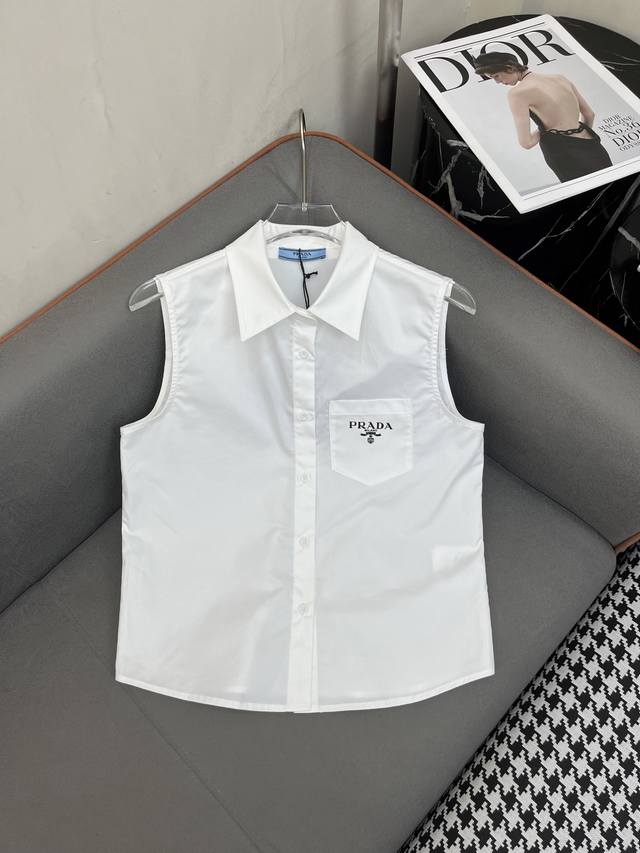 prad* 25Ss New Style Lapel Sleeveless Shirt With Letter Print Decoration Eleg