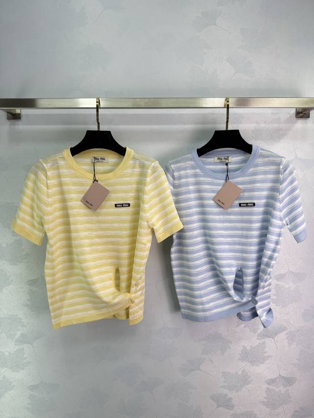 miu Mi* Striped Knitted Short Sleeves Classic Round Neck Design Available In