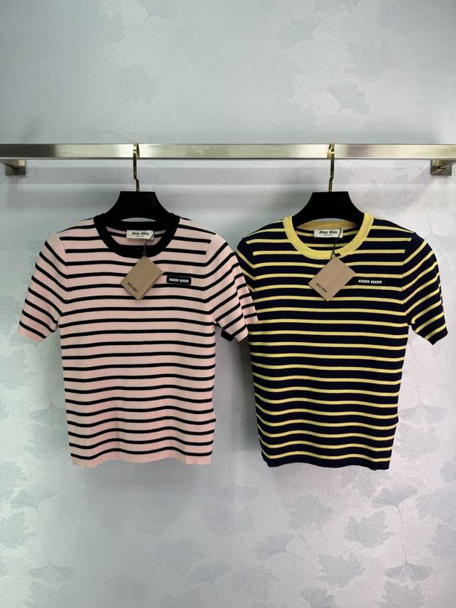 miumi*2025 New Arrivals Striped Knitted Short Sleeves Customized Yb Tencel Ya
