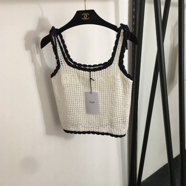 Style No. 20253253 Celin* New Logo Embroidery Hollow Knitted Tank Top White One