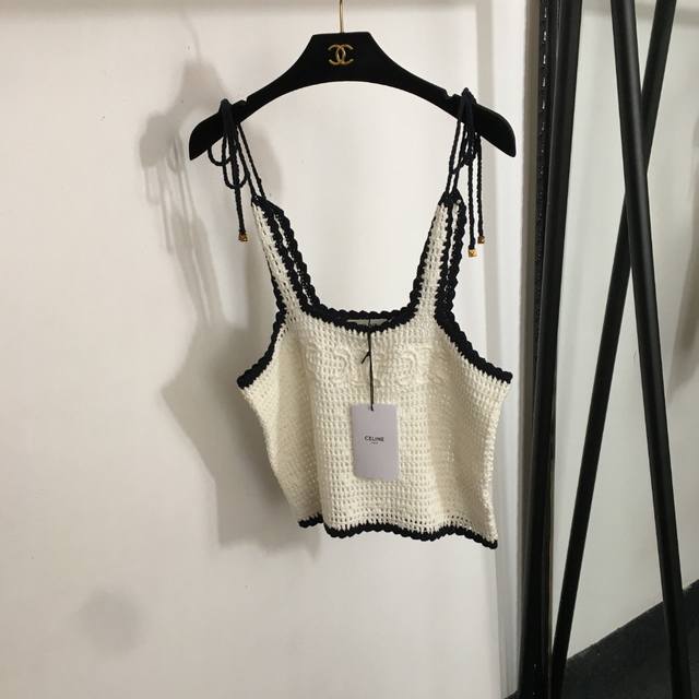 Style No. 20253252 Celin* New Logo Embroidery Hollow Knitted Tank Top White Sml