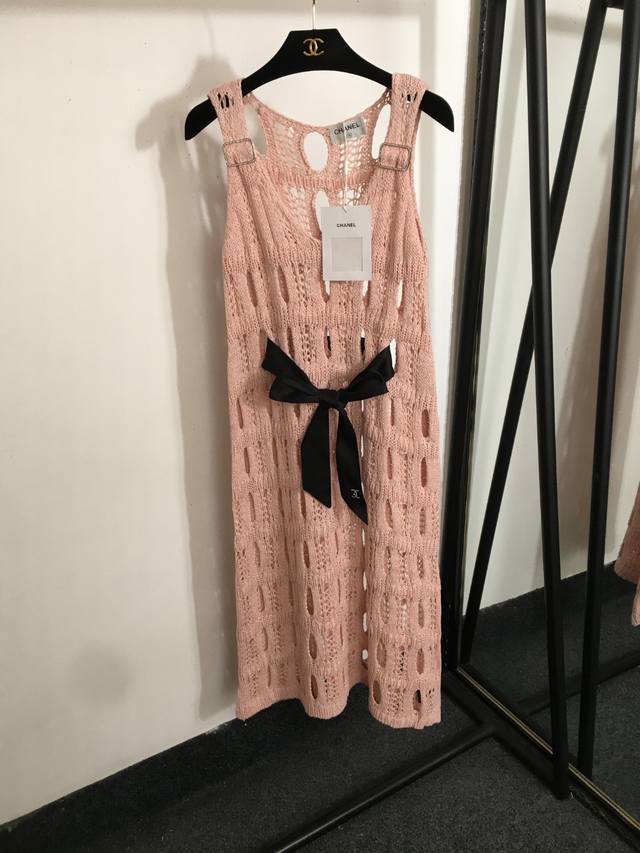 Style No. 20253249 Chane* New Temperament Bow Hollow Knitted Vest Dress Pink Gra