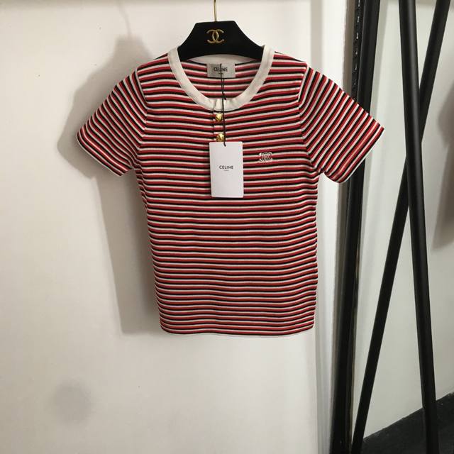 Style No. 20253245 Celin* New Logo Embroidery Striped Short Sleeve Knit Top Red