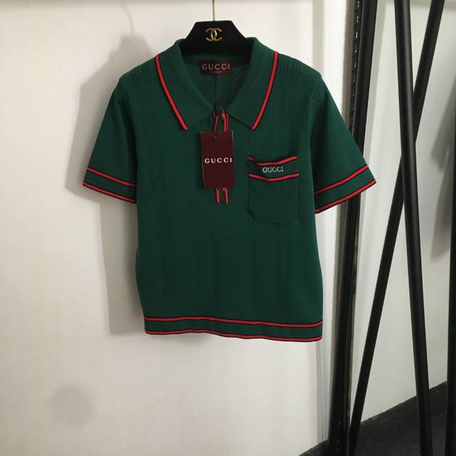 Style No. 20253243 Gucc* New Gg Button Polo Neck Short Sleeve Knit Top Green One