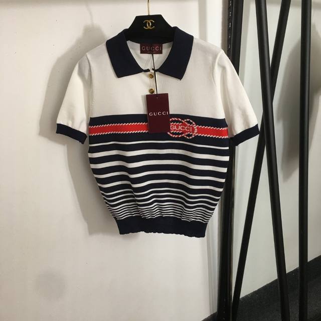 Style No. 20253242 Gucc* New Colorblock Striped Polo Neck Short Sleeve Knit Top