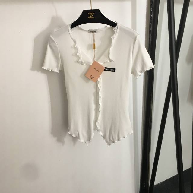 Style No. 20253229 Miumi* New Collar Logo Applique Lace Trim Slim Fit Short Slee