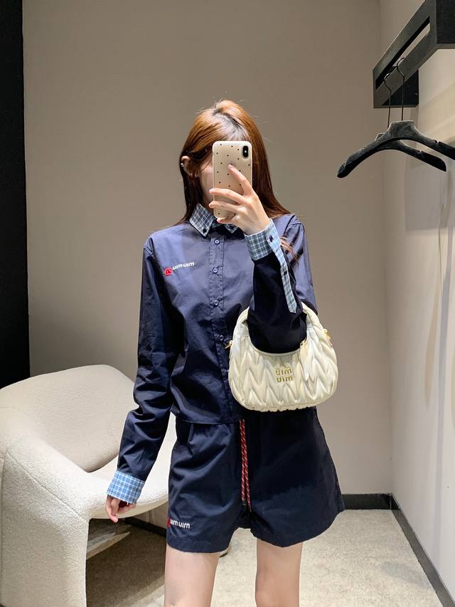miu Mi* 25Ss Spring And Summer New College Style Blue Plaid Shirt + Shorts Se