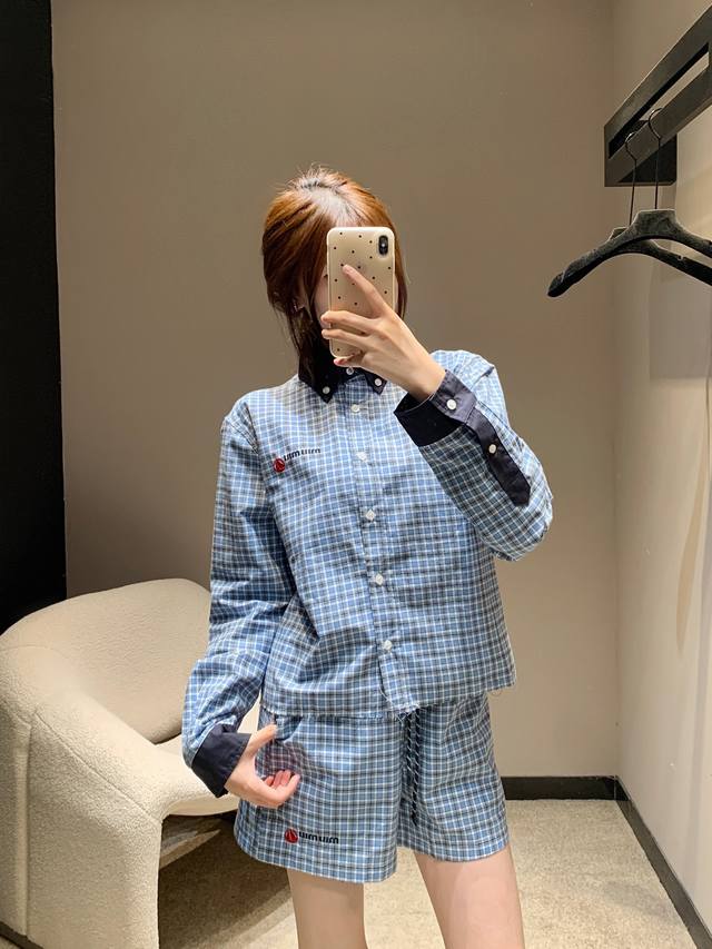 miu Mi* 25Ss Spring And Summer New College Style Blue Plaid Shirt + Shorts Se