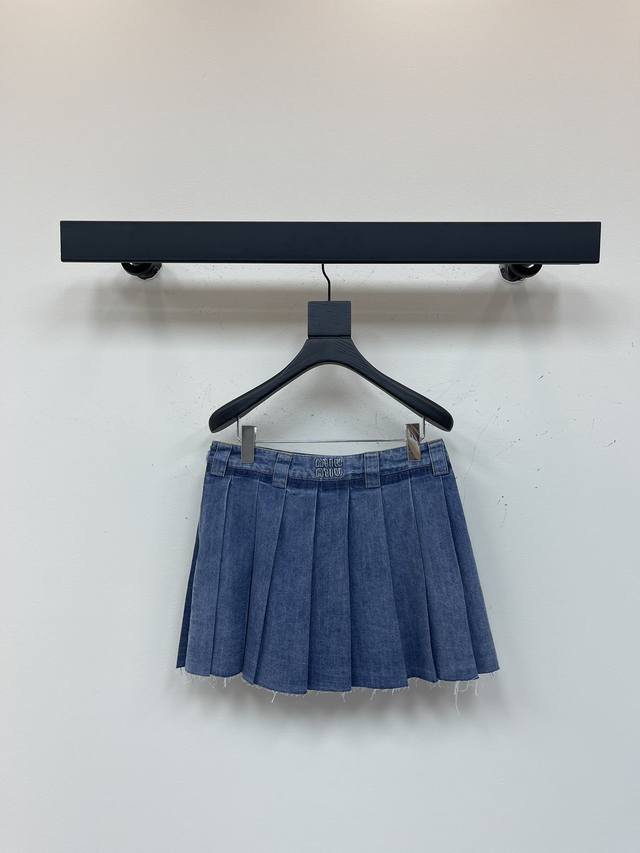 miumi*25 Spring And Summer New Retro Blue Denim Pleated Skirt Retro Washing P