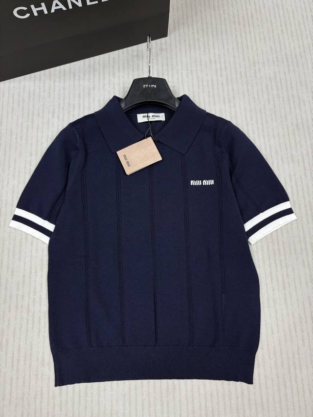 miumi*25 Spring And Summer New Knitted Lapel Short Sleeves Contrast Striped E