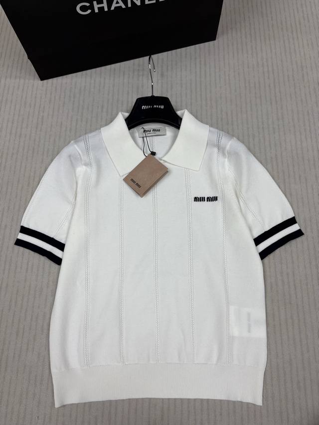 miumi*25 Spring And Summer New Knitted Lapel Short Sleeves Contrast Striped E