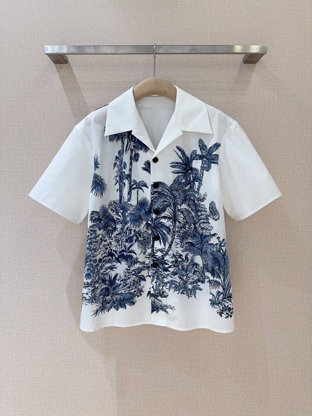 d New Product New~ Short-Sleeved Coconut Jungle Print Shirt Cotton Texture Fa
