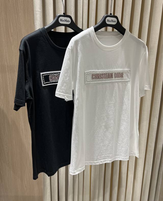 New Product#Dio*Beaded Letter Short-Sleeved T-Shirt Black And White Fixed Color