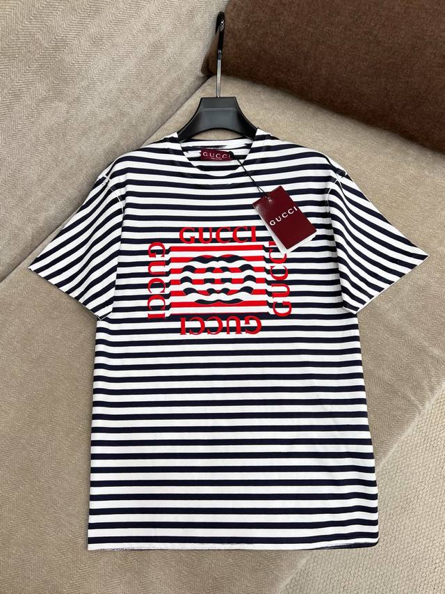 gucc* 25Ss Spring And Summer New Striped Letter Print Round Neck Short-Sleeve