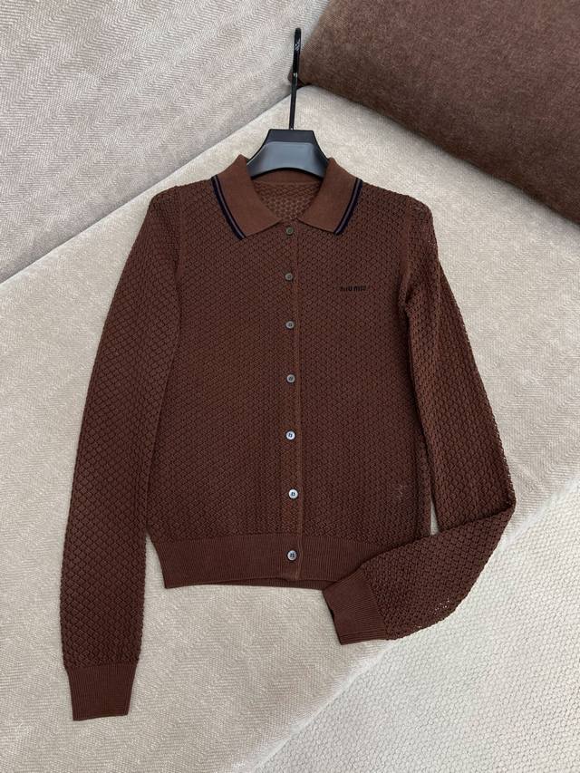 miumi* 25Ss Spring And Summer New Diamond-Shaped Hollow Polo Collar Knitted C