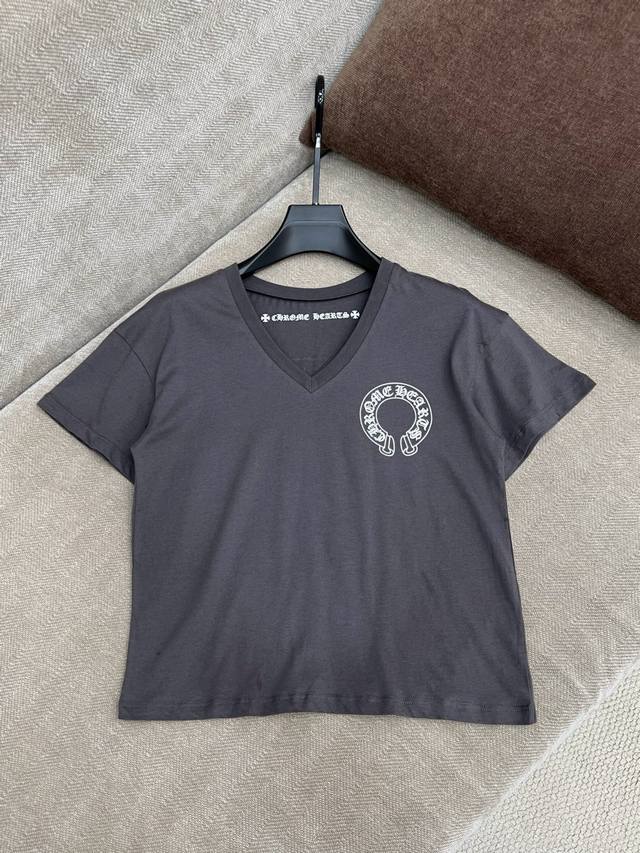 chorme Heart* 25Ss Spring And Summer New Style Horseshoe Print Grey V-Neck Ho