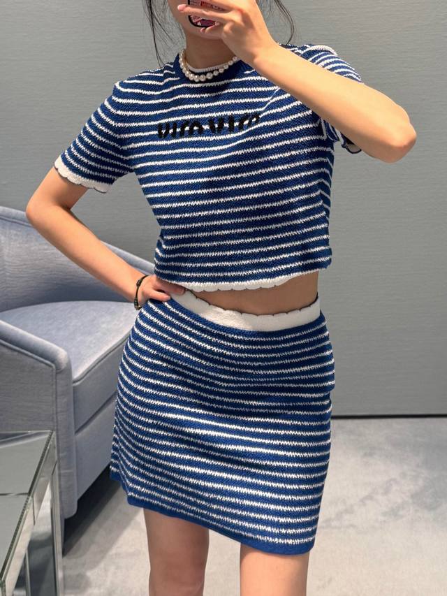 Top Skirt Miumi*2025 New Striped Knitted Short Sleeve Skirt Customized Yb Cotton
