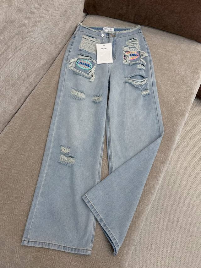 chane* 25Ss New Spring And Summer Ripped Waist Straight JeansExclusive High-E