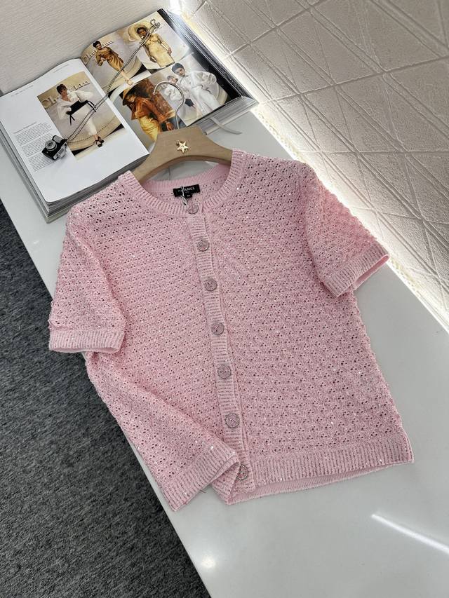 chane*2025 New Arrivals Sequined Silver Thread Knitted Short-Sleeved Cardigan