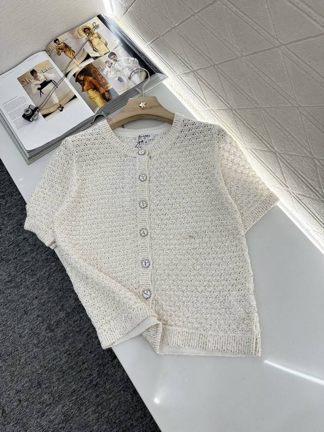 chane*2025 New Arrivals Sequined Silver Thread Knitted Short-Sleeved Cardigan