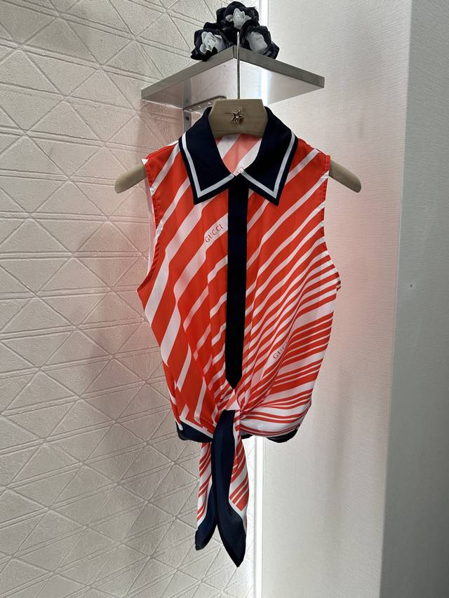 gucc*2025 New Arrivals Lapel Sleeveless Top With Tie Customized Yb Imported T