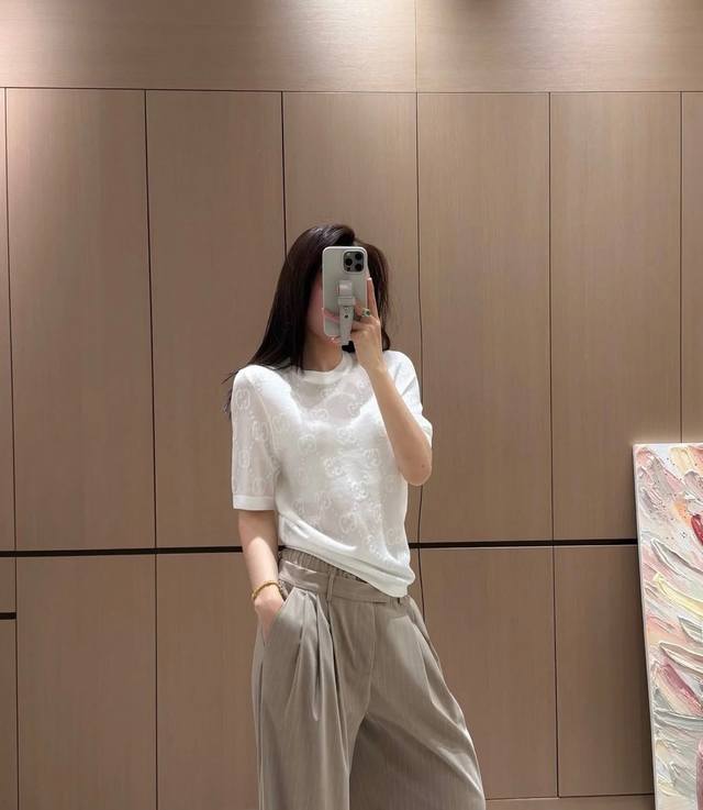 gg High Version Double G Letter Logo Pattern Jacquard Round Neck Short Sleeve