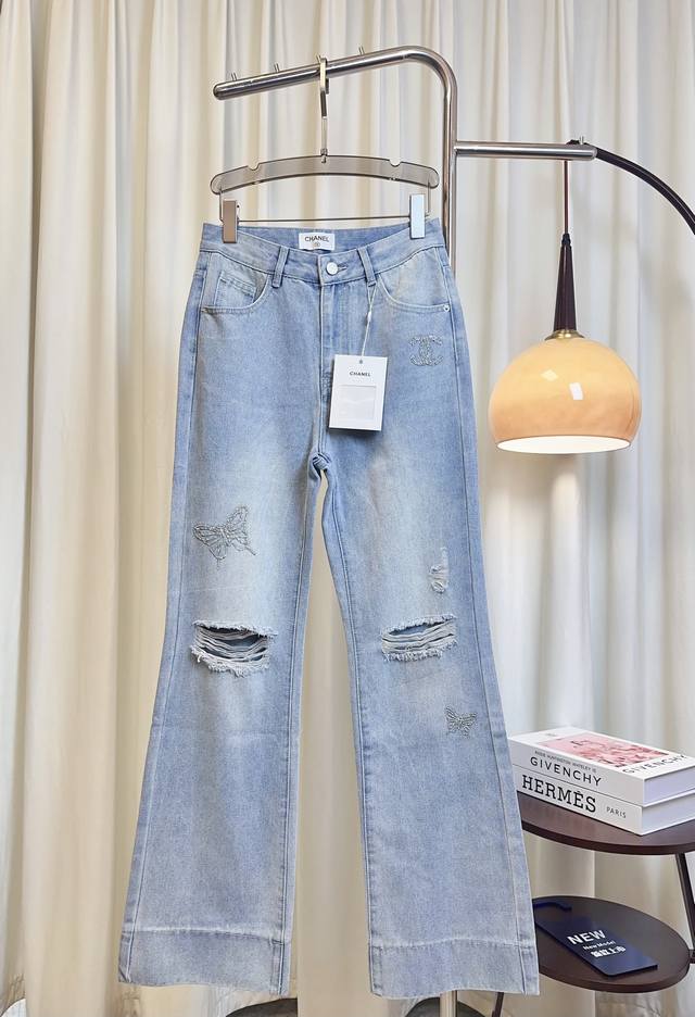 chan**New Style Jeans With Ripped Holes And Hot Diamond Logo, Flared Pants, C