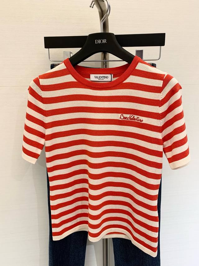 New Summer Classic Striped Embroidered English Letters Knitted Short Sleeves Are