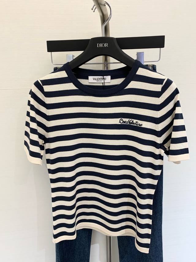 New Summer Classic Striped Embroidered English Letters Knitted Short Sleeves Are