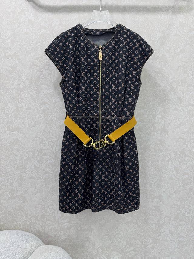 louis Vuitt*N25 New Dress L's Black And Gold Color Matching Old Flower Denim